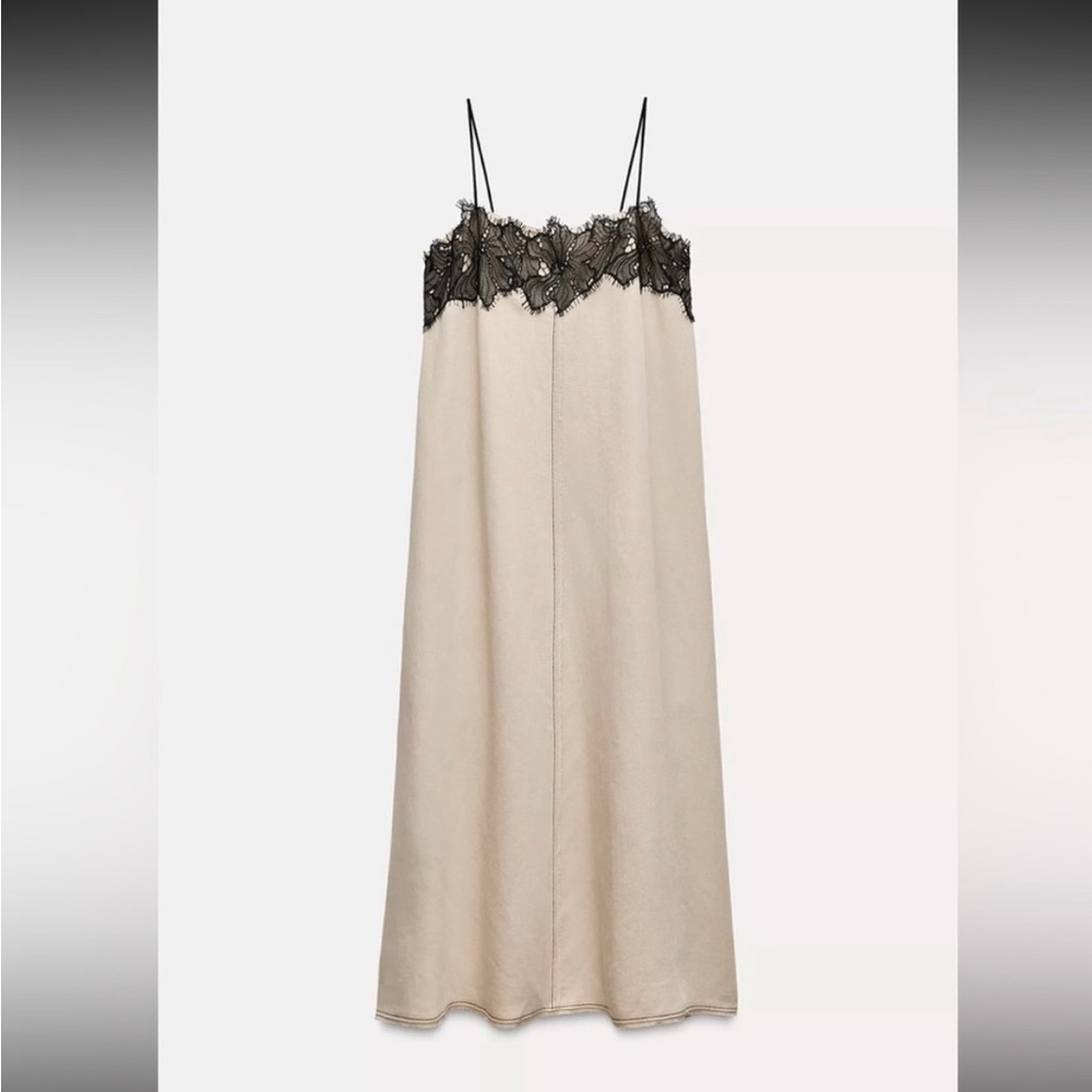 Zara Beige Maxi Dress with Black Lace Detail size M